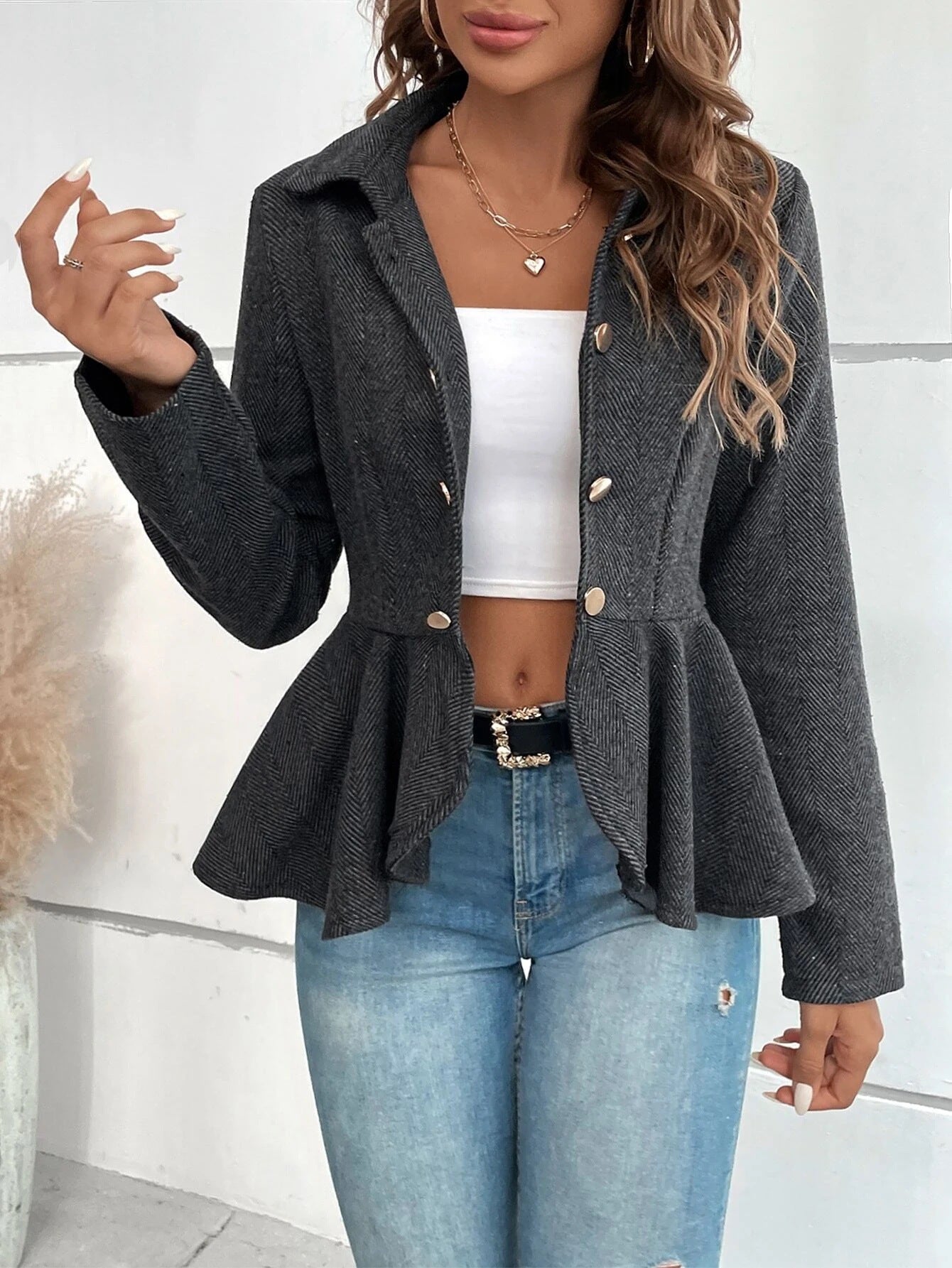 Women's Lapel Jacquard Ruffled Slim Double-breasted Temperament Blazers