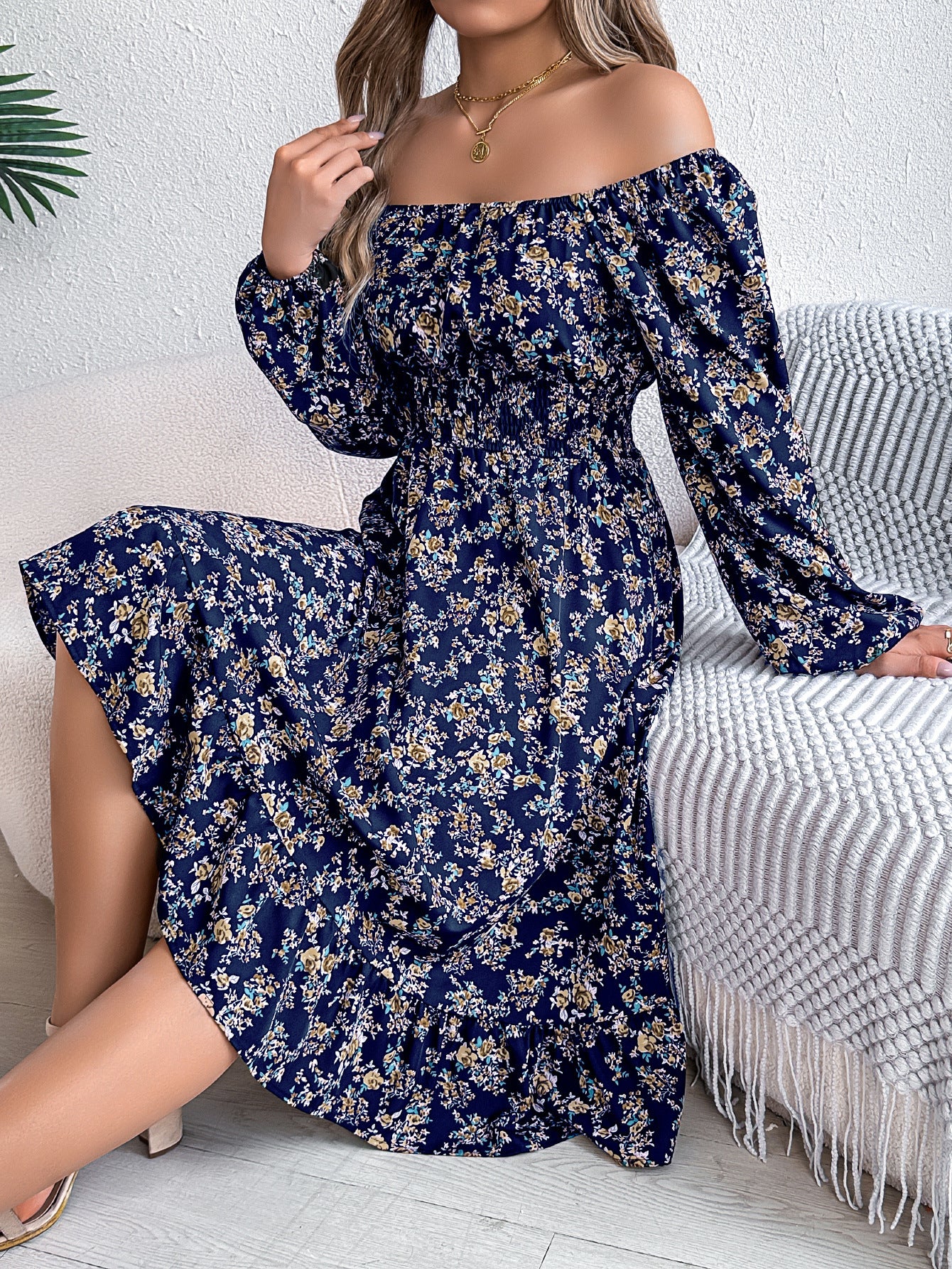 Women's Elegant Floral Square Collar Long Sleeve Waist Trimming Ruffles Clothing