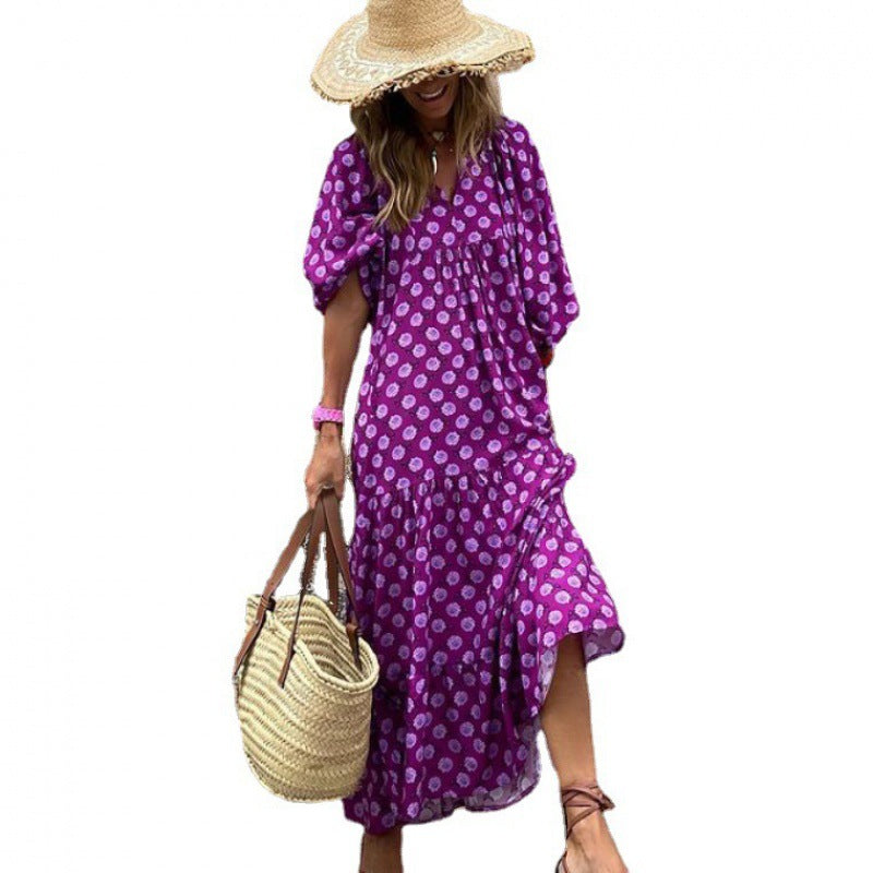 Women's Autumn Geometric Collage Puff Sleeve Dress Street Clothing