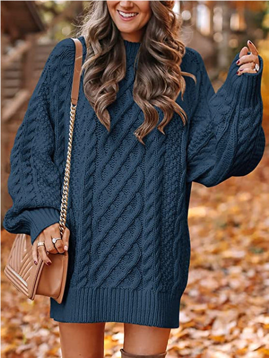 Women's Neck Long Sleeve Large Profile Twisted Knitted Knitwear