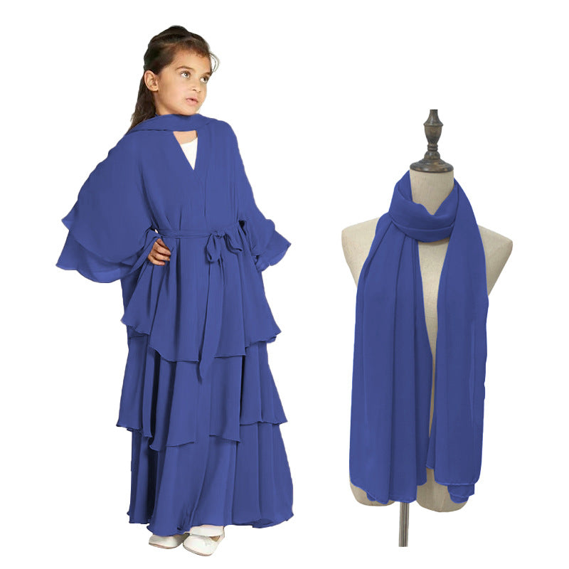 Children's Chiffon Elegant Belted With Scarf Sweet Dress