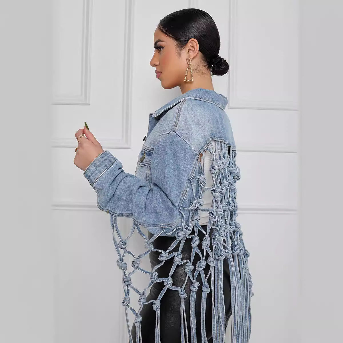 Classy Back Mesh Tassel Denim Female Jackets