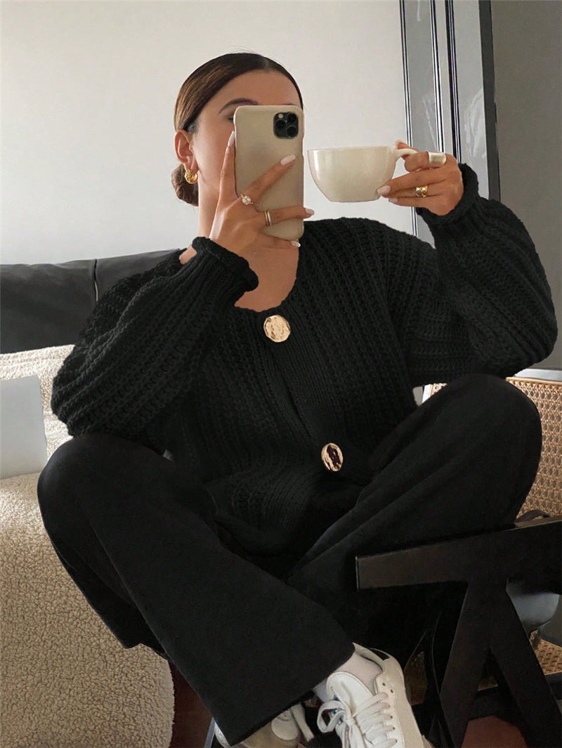 Women's Round Neck Design Pocket Long Sleeve Sweaters