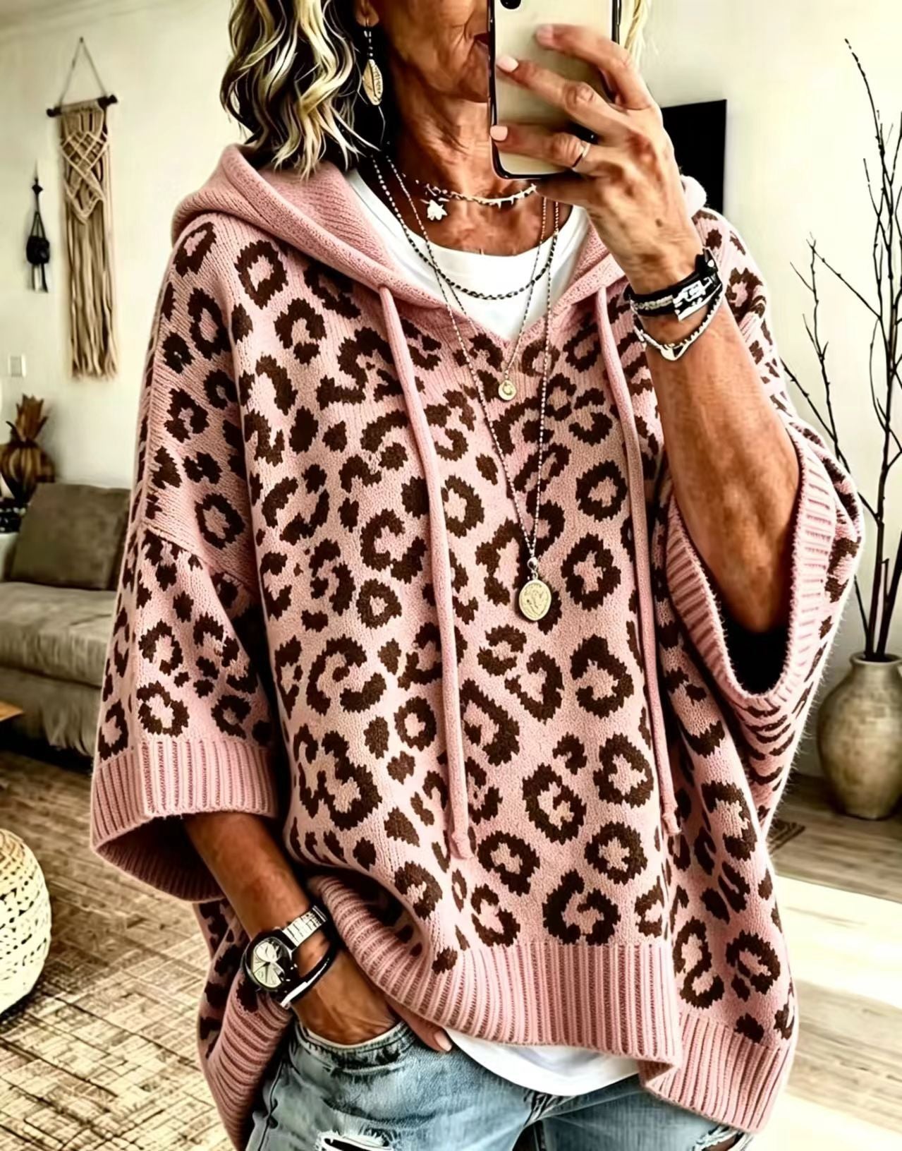 Leopard Print Hooded Drawstring Knitted Pullover Hoodie Sweater
