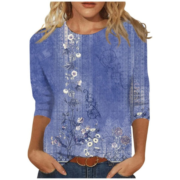 Women's Printed Sleeves Loose Crew Neck Casual Blouses