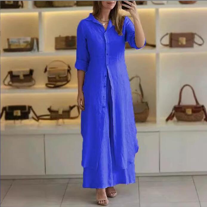Cotton Linen Tight Waist Long Shirt Suits