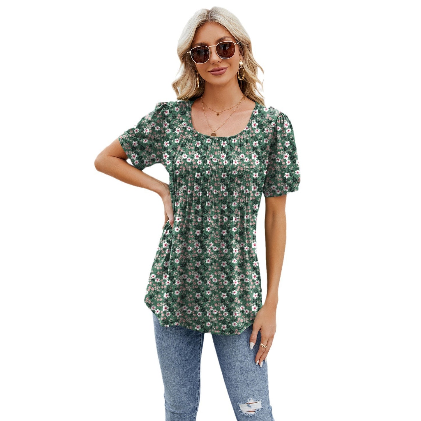 Women's Round Neck Strip Loose Sleeve T-shirt Tops