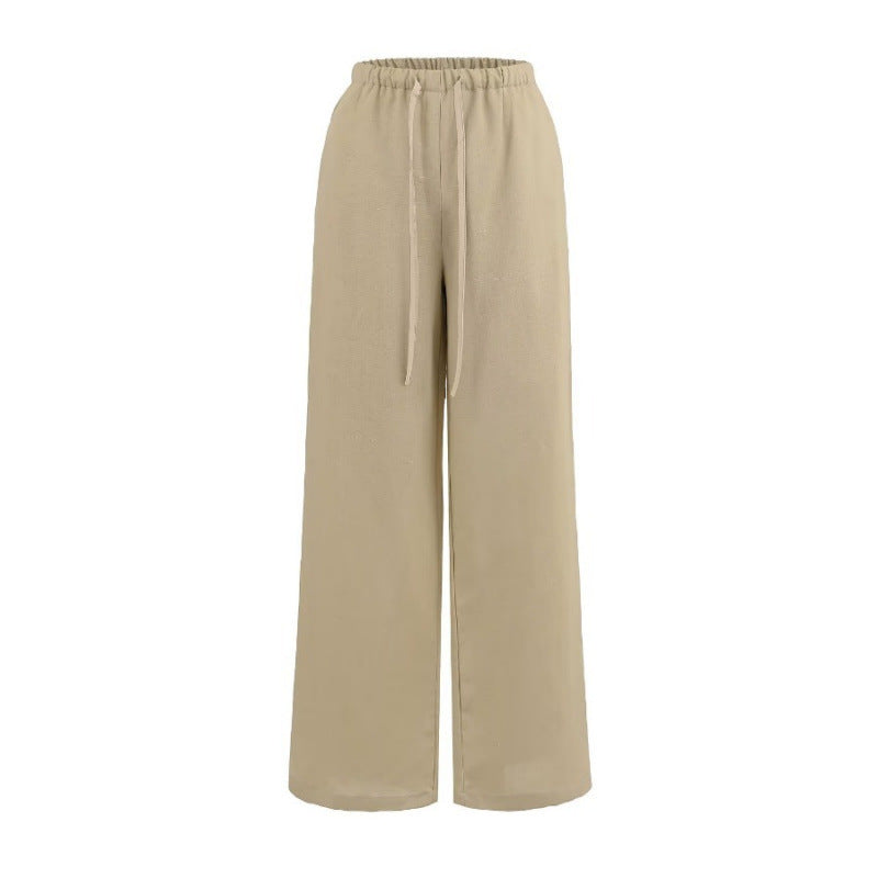 Women's Summer Breathing Linen Narrow Waist Drawstring Casual Wide Pants