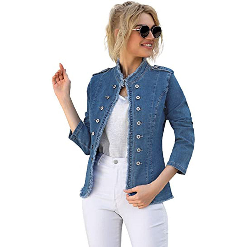 Women's Denim Single-breasted Stand Collar Solid Color Jackets