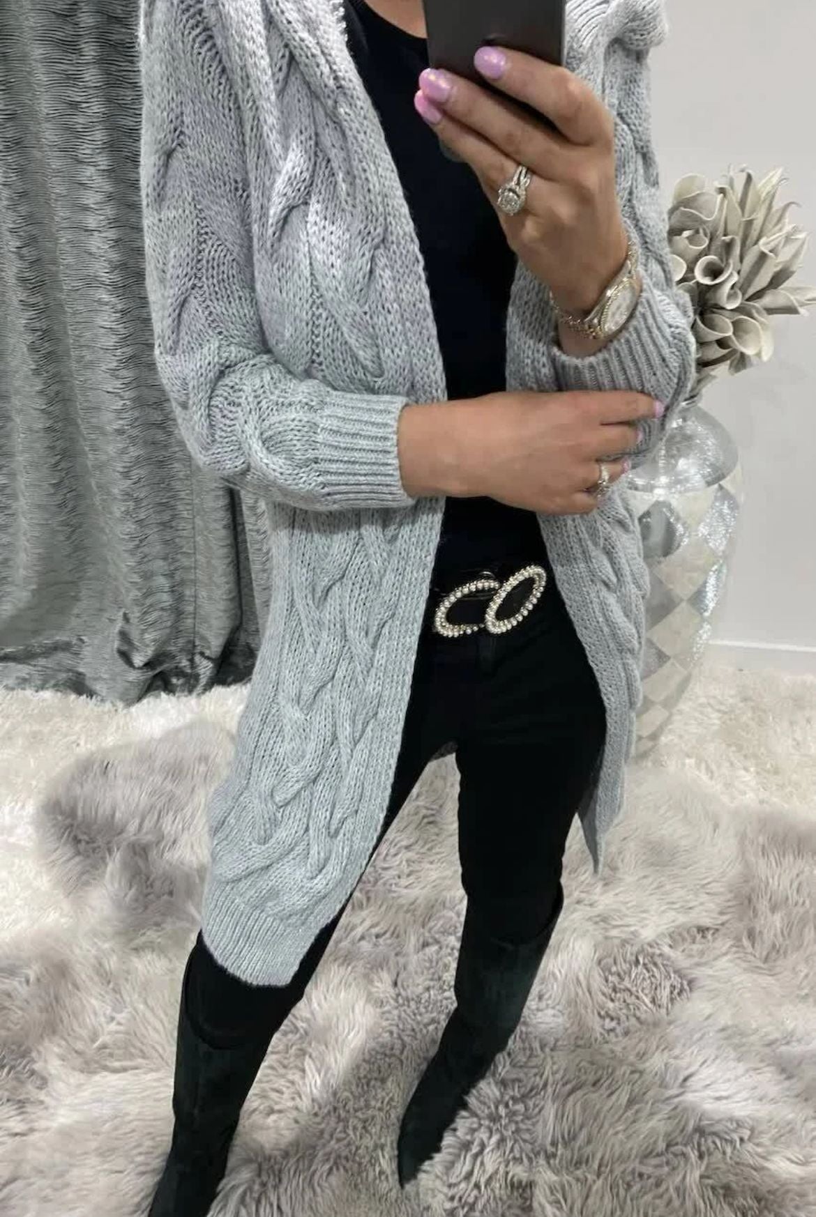 Solid Color Long Knitted Hooded Pocket Knitwear