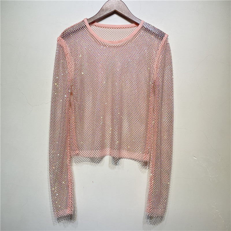 Star Hollow Out Shiny Colorful Crystals People Fishnet Blouses