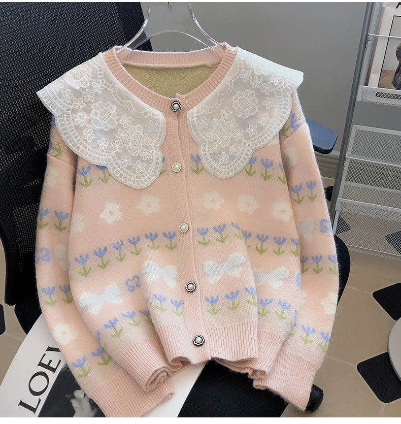 Women's Korean Patchwork Lace Peter Pan Collar Younger Fashion Loose Sweater