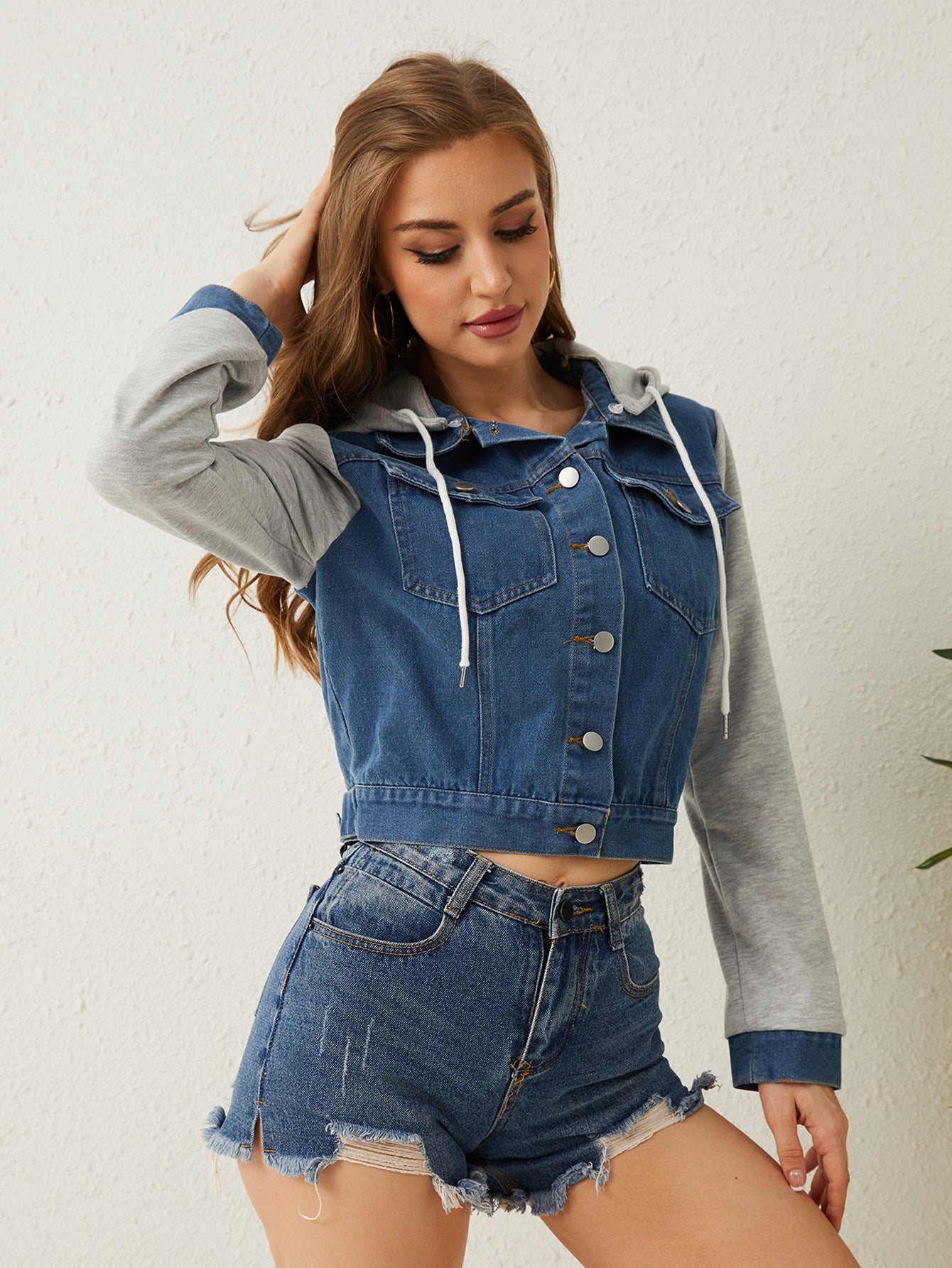 Women's Denim Fashion Hoodie With Drawstrings Jackets