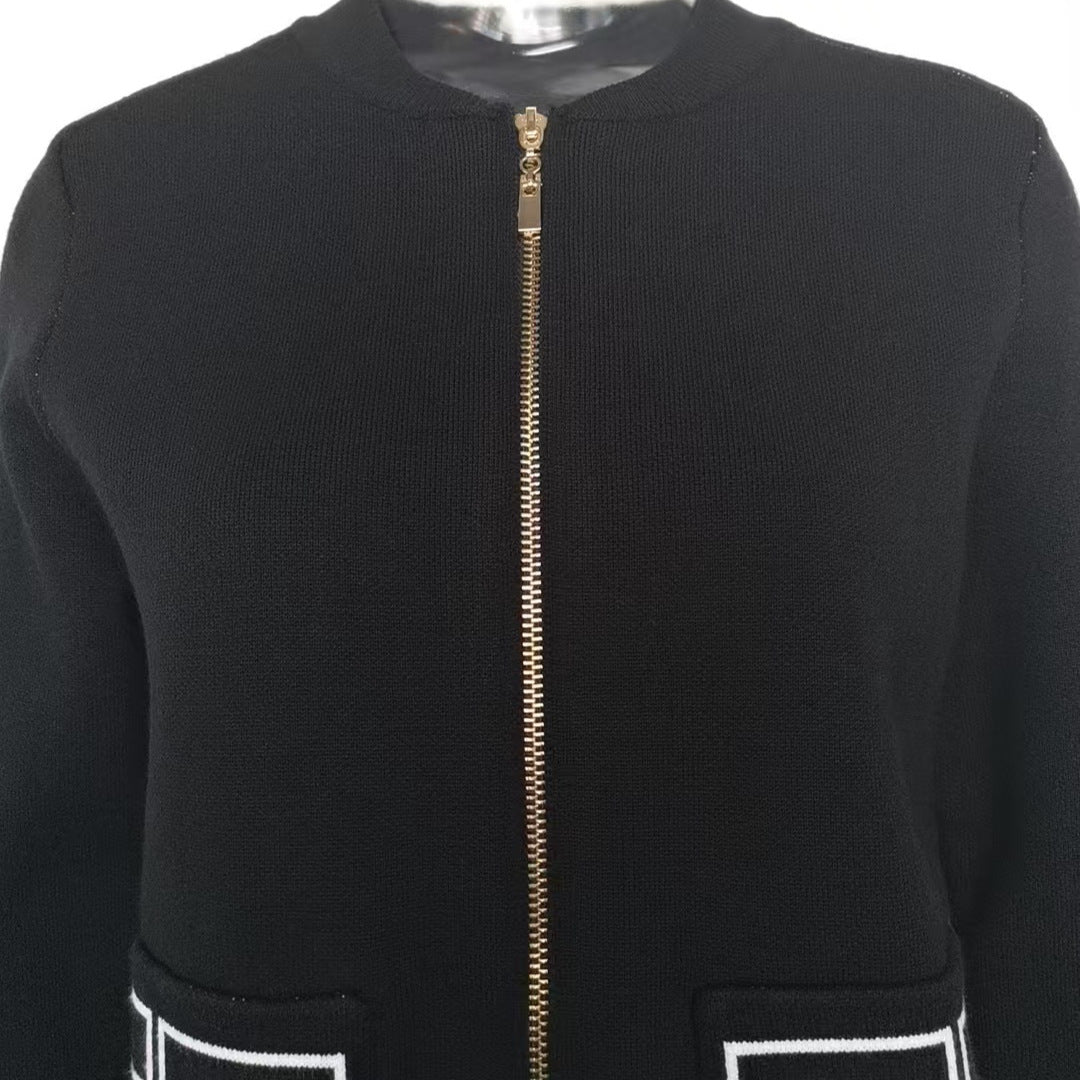 Sense Letter Zipper Black Round Neck Sweaters