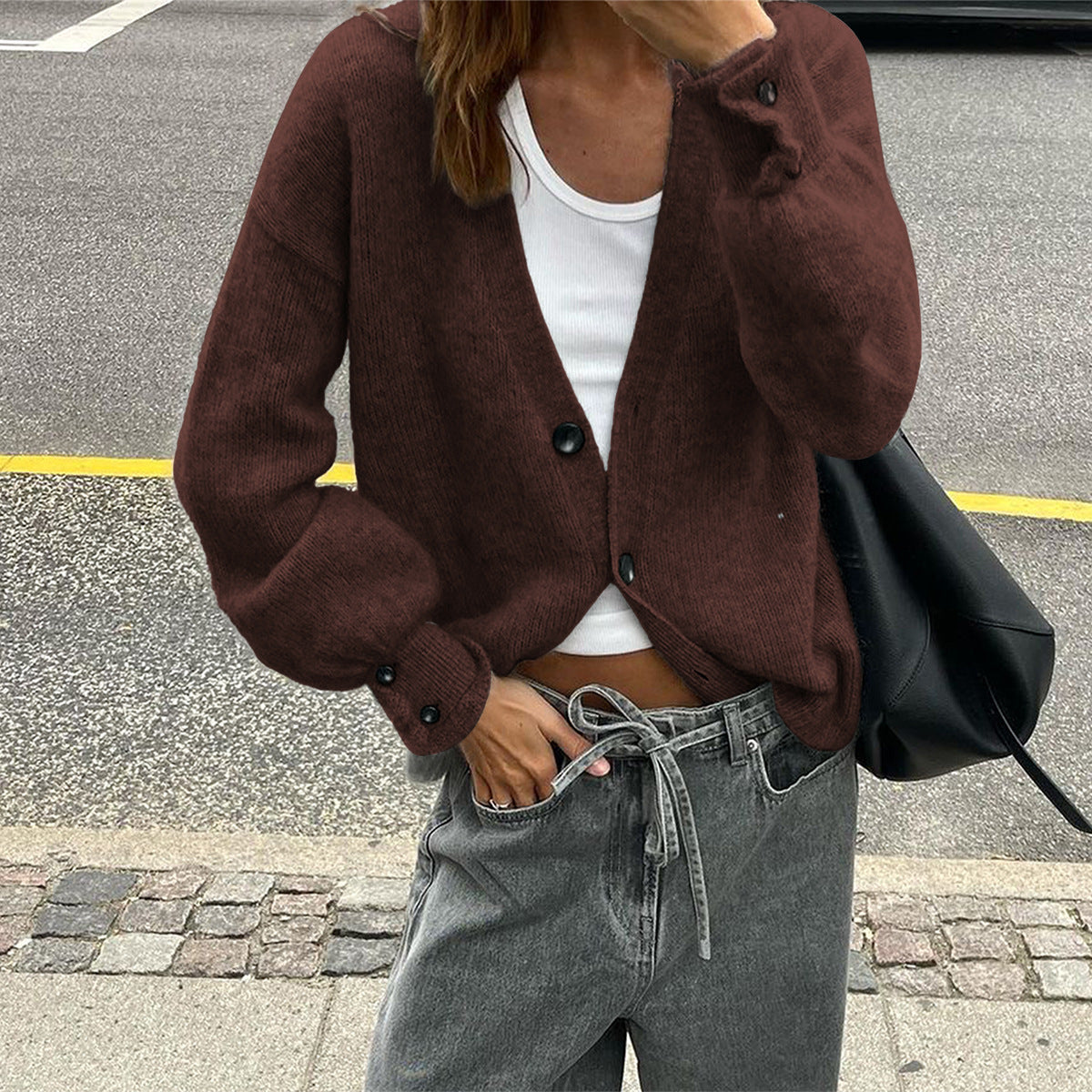 Women's Simple Holiday Button Solid Color Long-sleeved Sweaters