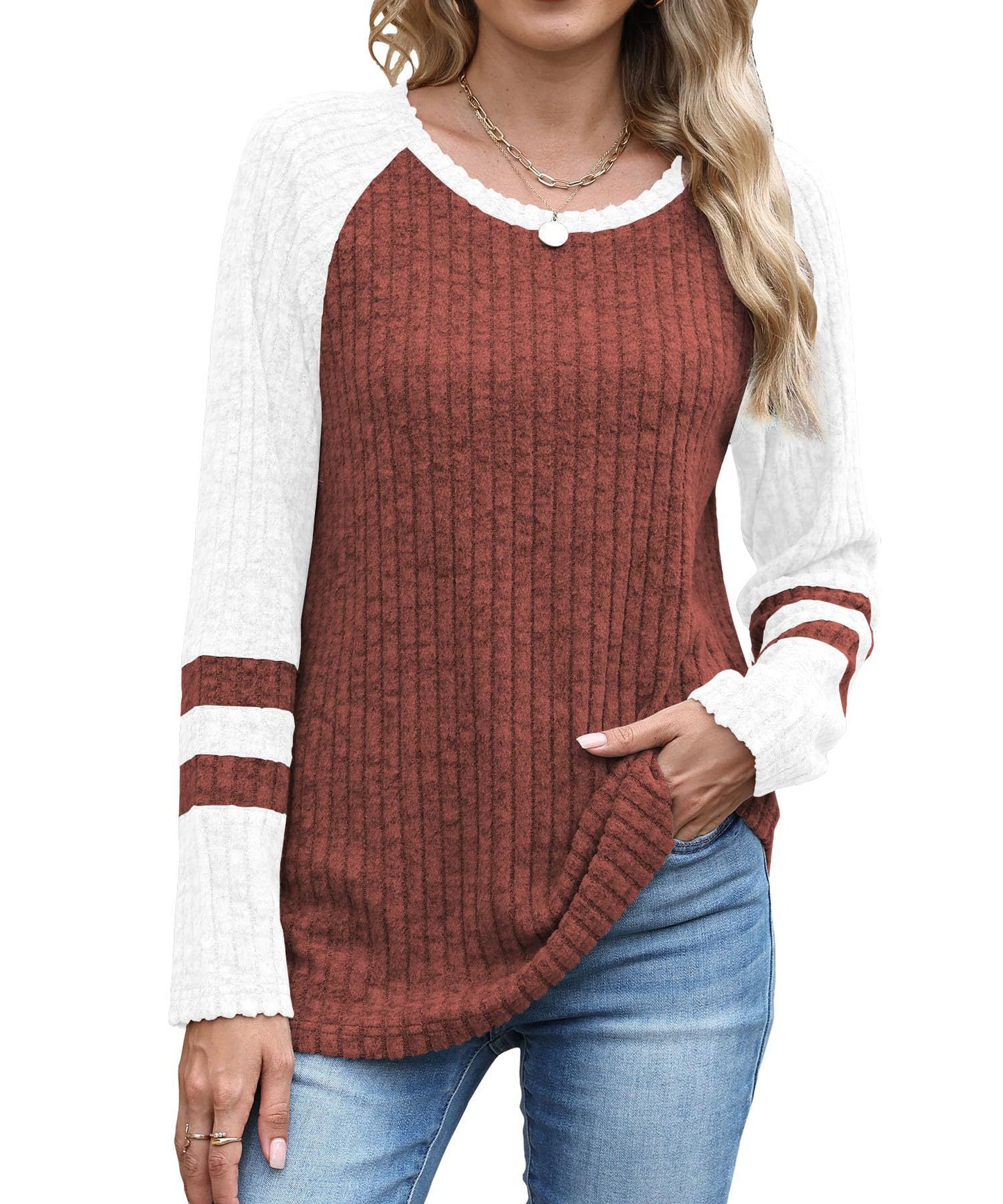 Women's Autumn Fashion Long Sleeve Contrast Color Round Neck Bottoming Sweater
