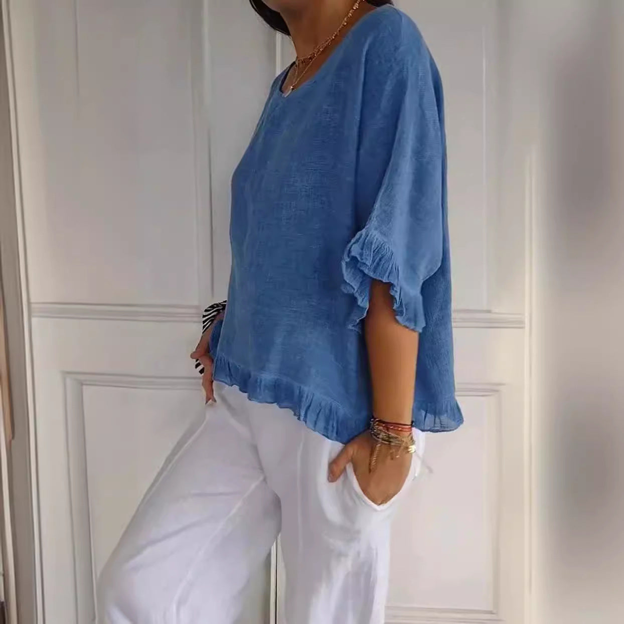 Pure Color Ruffles T-shirt Female Casual Blouses