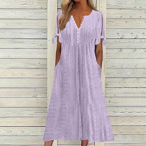 Women's Single Breasted Cuff Knotted Sleeve Eyelet Dresses
