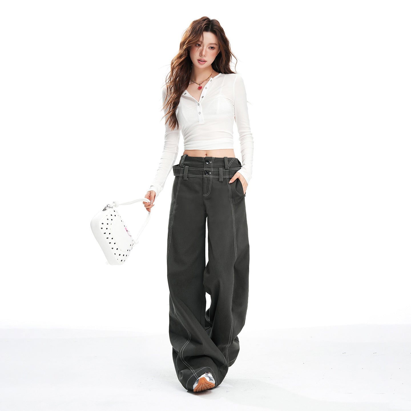 American Retro Double Waist Design Wide Pants