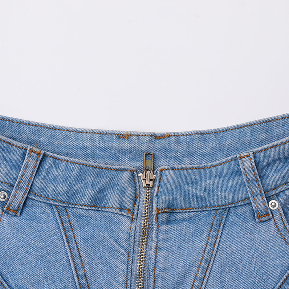 Ruffled Stitching Denim Summer Front Zipper Skirts