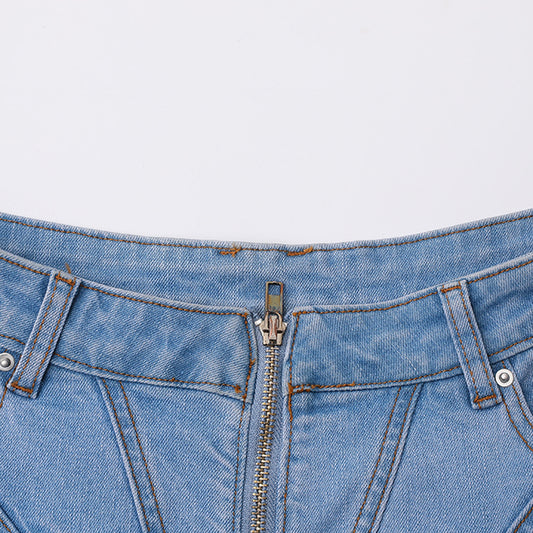 Ruffled Stitching Denim Summer Front Zipper Skirts