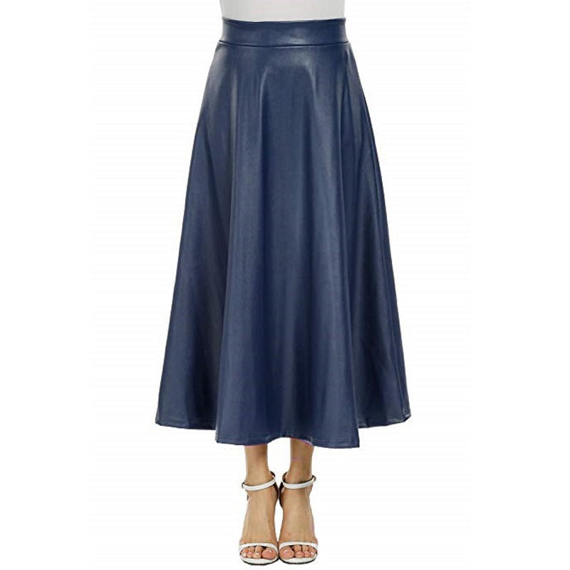 Women's High Waist Leather Mid-length Large Swing Skirts
