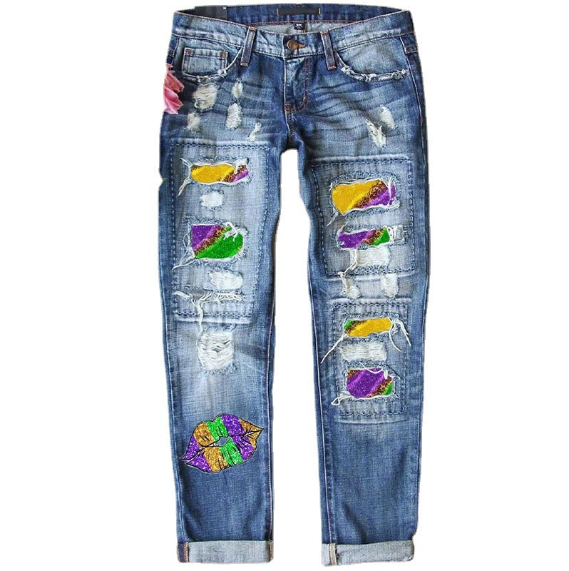 Women's Valentine's Day Printing Hole Straight Jeans