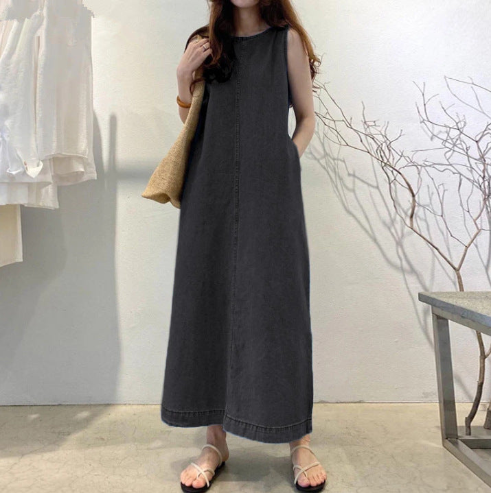 Neck Sleeveless Loose Pockets Long Pullover Bohemian Dresses