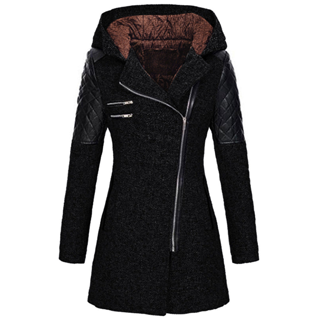 Women's Zipper Hooded Woolen Trench Mid-length Thick Coats