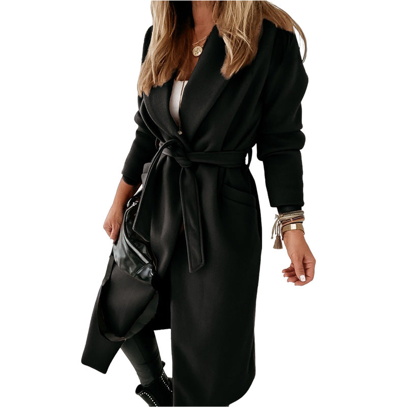 Women's Hot Single Long Woolen Lace Up Coats