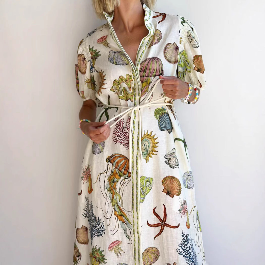 Temperament Leisure Stand Collar Linen Dress Dresses