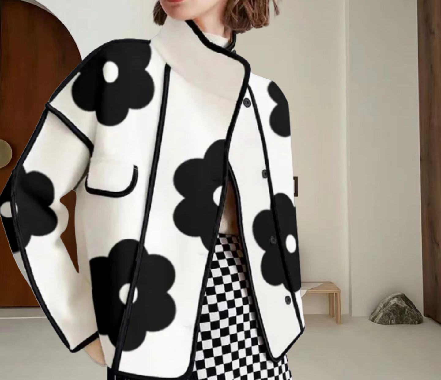 Women's Long Sleeve Loose Contrast Color Flower Floral Jackets