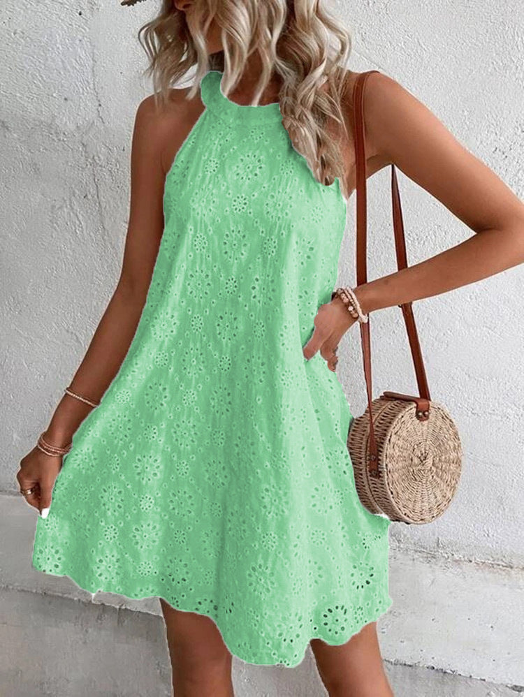 Women's Summer Lace Solid Color Sleeveless Button Dresses