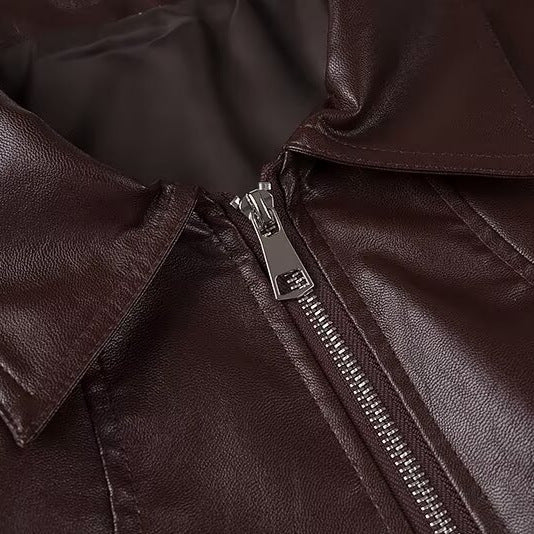 Women's Fashion Polo Collar Long Sleeve Leather Jackets
