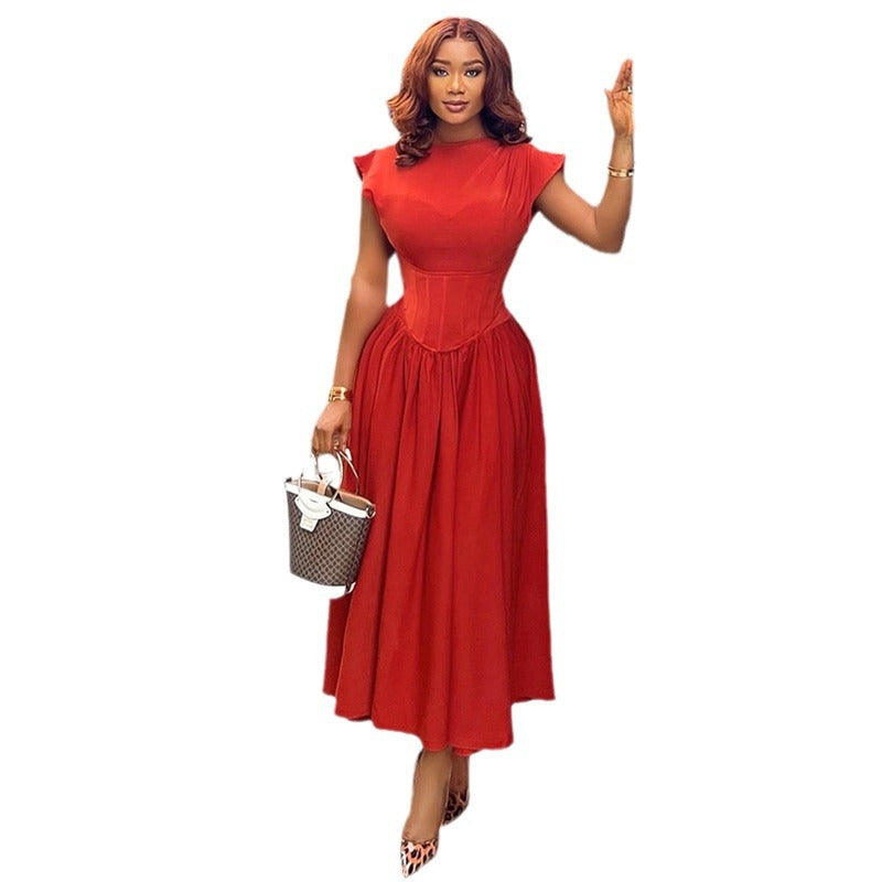 Women's Crew Neck Fitted Waist High Fishbone Dresses