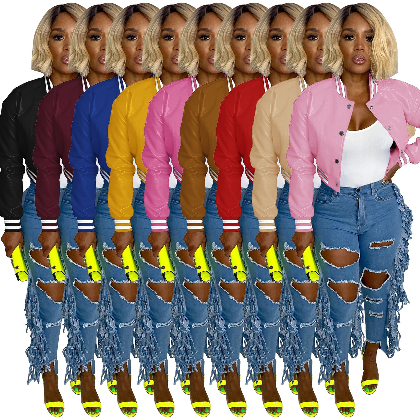 Women's Fashion Wear Thread Stretch Leather Casual Jackets