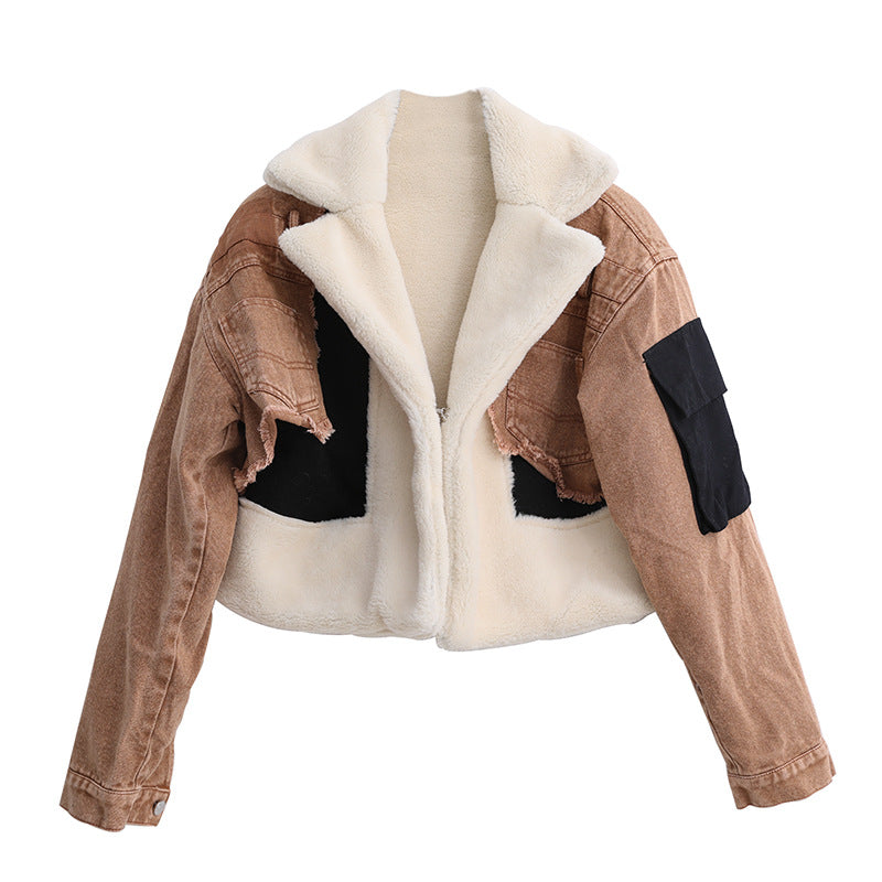 Women's Padded Denim Splicing Winter Lamb Wool Jackets