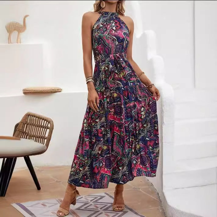 Women's Autumn Vintage Print Halter Bohemian Dress Dresses