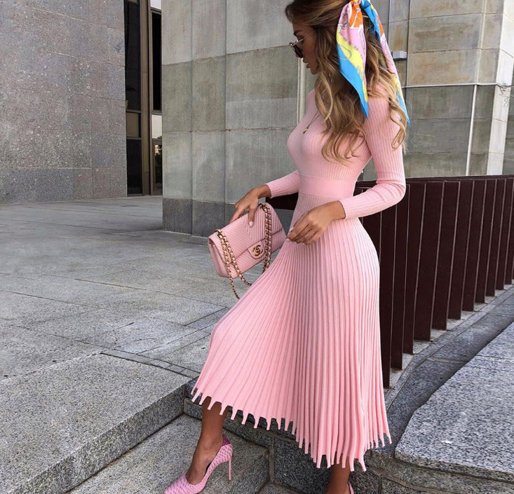 Women's Mid-length Knitted Solid Color Pleated Dress Blouses