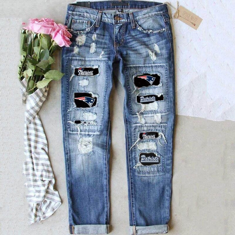 Women's Ripped Print Street Contrast Color Straight Jeans