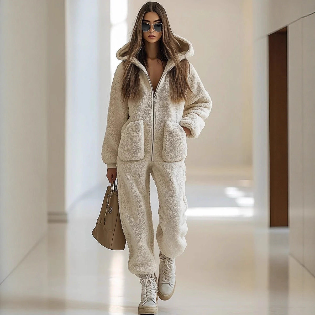 Women's Hooded Pocket Decorative Loose Straight Plush Jumpsuits