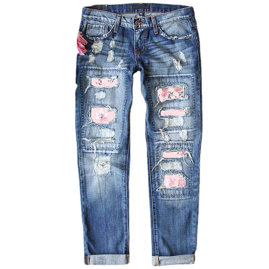 Women's Graceful Fashion Printing Hole Straight Jeans