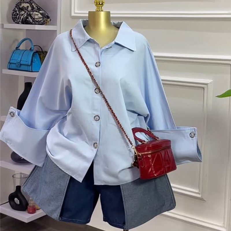 Women's Fashion High-grade Lapel Loose Blue Long Blouses