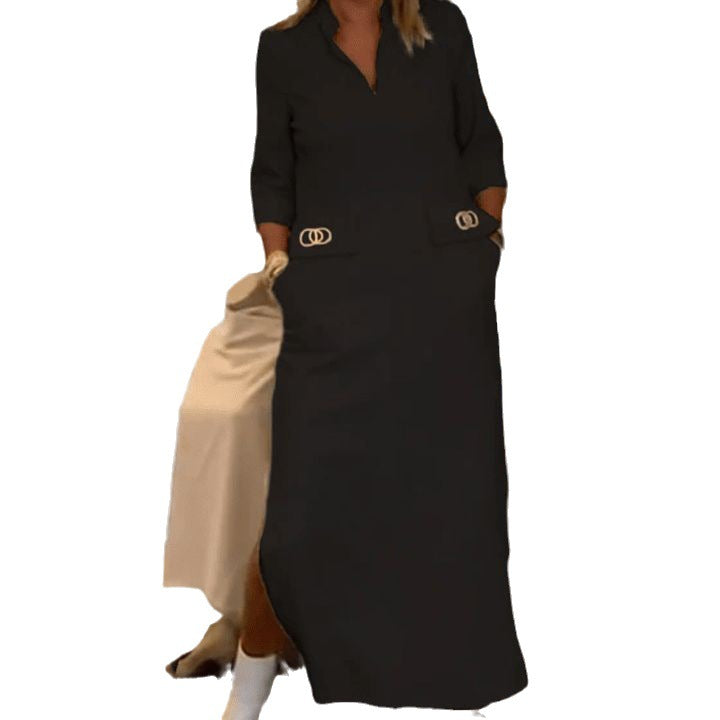 Autumn Fashion Simple Temperament Lapel Button Dresses