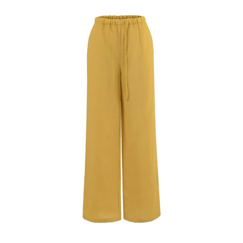 Women's Summer Breathing Linen Narrow Waist Drawstring Casual Wide Pants