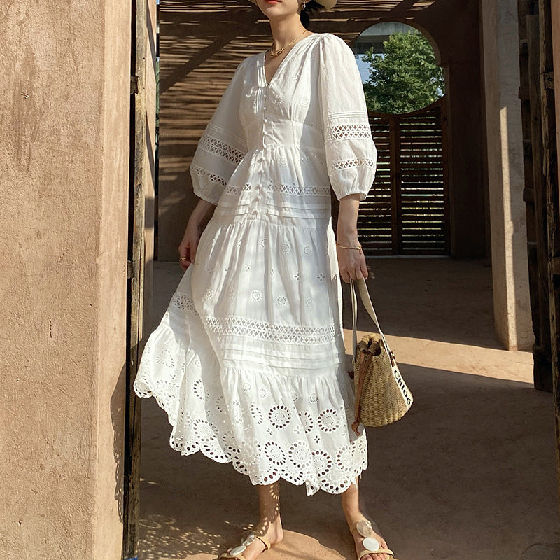 Women's Holiday Dress Design Embroidered French White Dresses