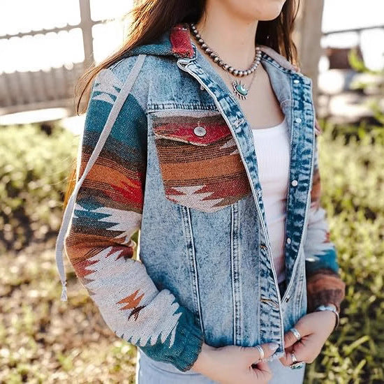 Women's Hooded Pocket Denim Stitching Contrast Color Jackets
