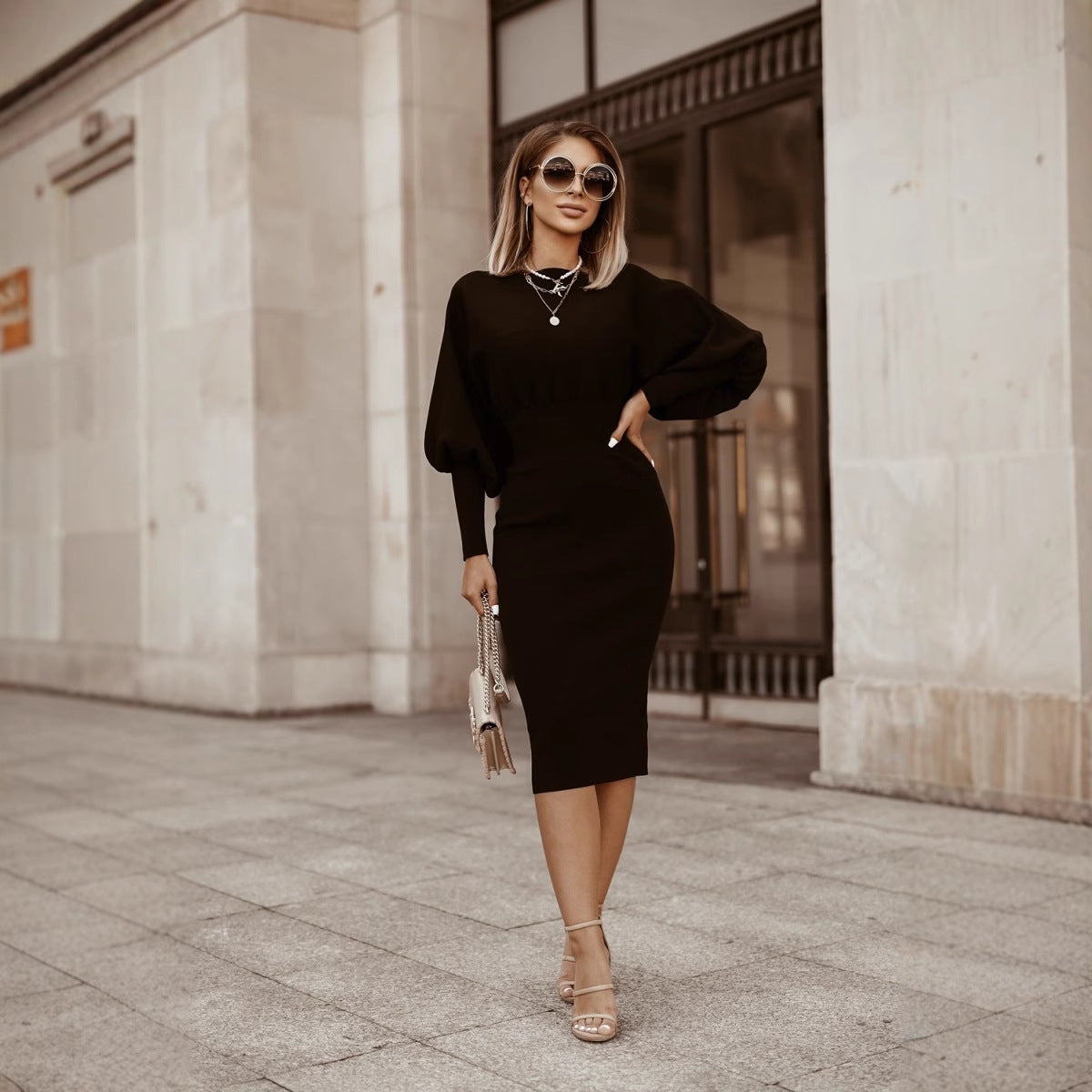 Women's Solid Color Lantern Sleeve Waist One-step Dresses