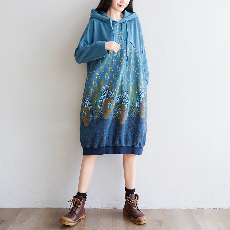 Women's Ethnic Print Hooded Mid-length Dress Lang Sweaters