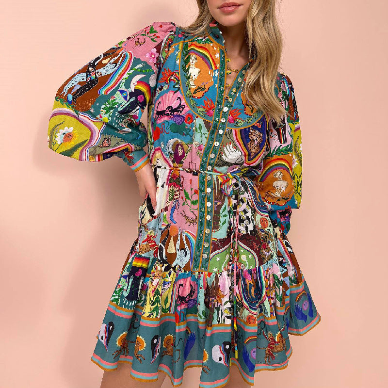 Women's Long Sleeve Printed Lace Up Cotton Linen Dresses